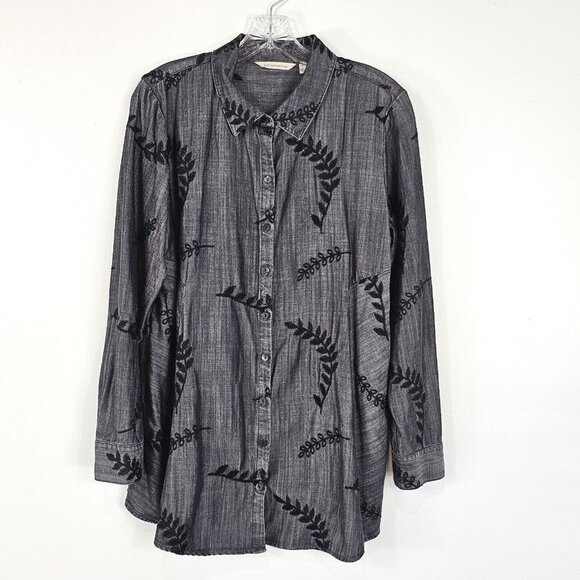 Soft Surroundings Womens Button Down Shirt Size Large Gray Black Papyrus Floral - Picture 1 of 11